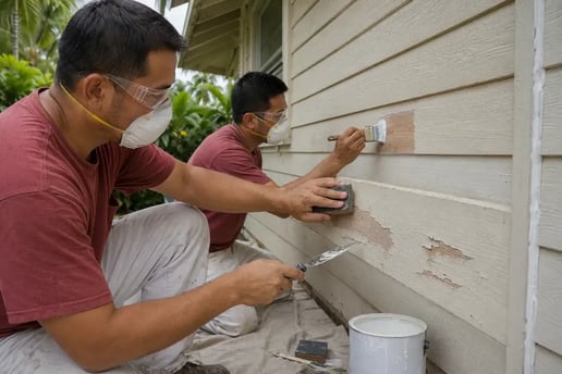 Painters scraping, sanding, and priming damaged exterior siding in Hawaii