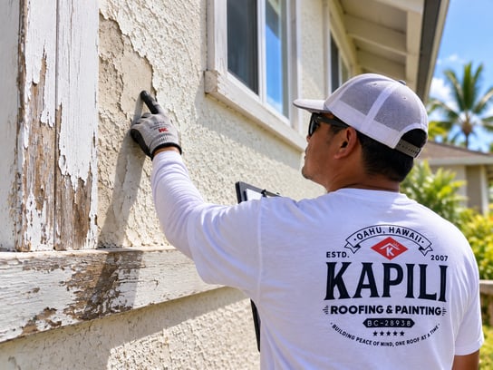 Failing exterior paint being inspected before repainting