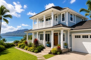 Freshly painted two-story Hawaii home with tropical landscaping and ocean views