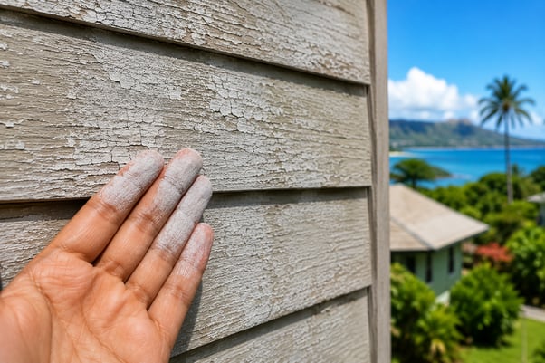 Chalking and fading on a sun-exposed exterior wall in Hawaii
