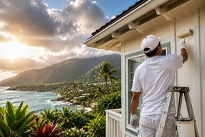 Professional painter applying exterior paint to a Maui home overlooking a tropical coastline, demonstrating safe exterior painting in Hawaii's humid climate.