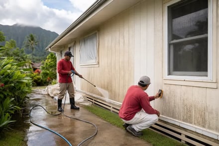 Painting crew pressure washing and checking moisture on a Hawaii home exterior