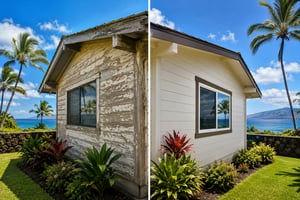 Before and after exterior house repaint in Maui showing a weathered home transformed with fresh paint in a tropical Hawaii setting.