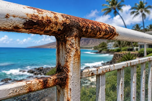 Rust bleeding through exterior paint on coastal metal railings in Hawaii
