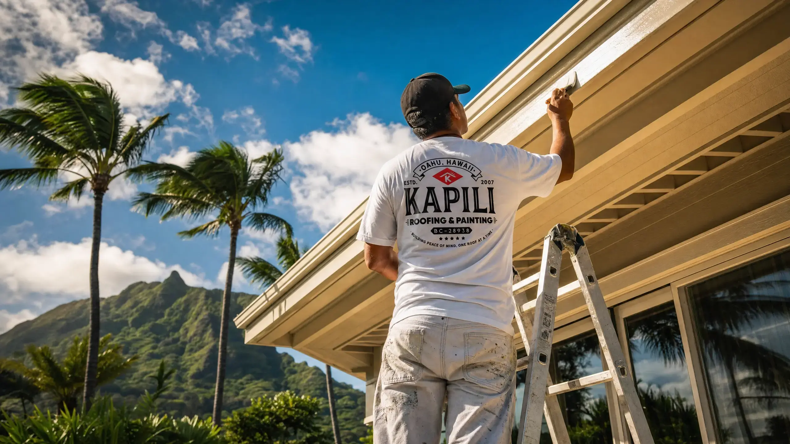 Kapili Painting crew member painting the exterior trim of a home in Honolulu, Oahu