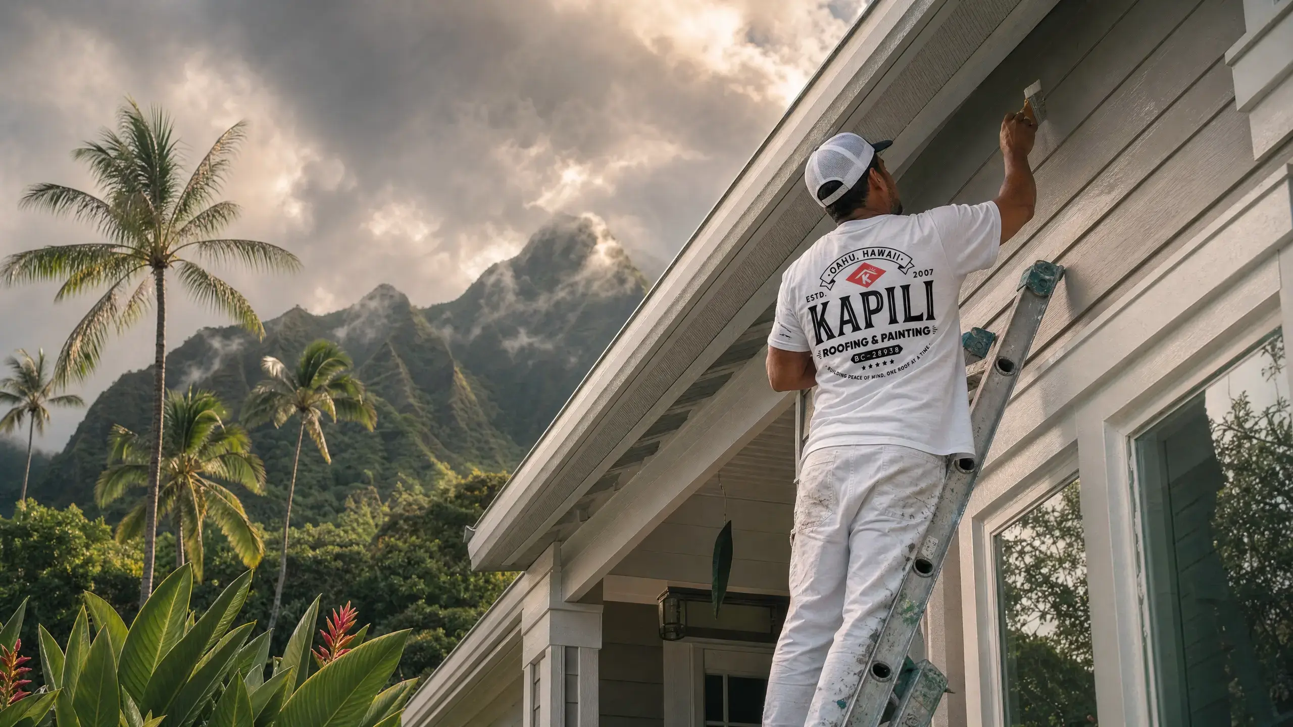 Kapili Painting crew member painting a residential home exterior on Oahu