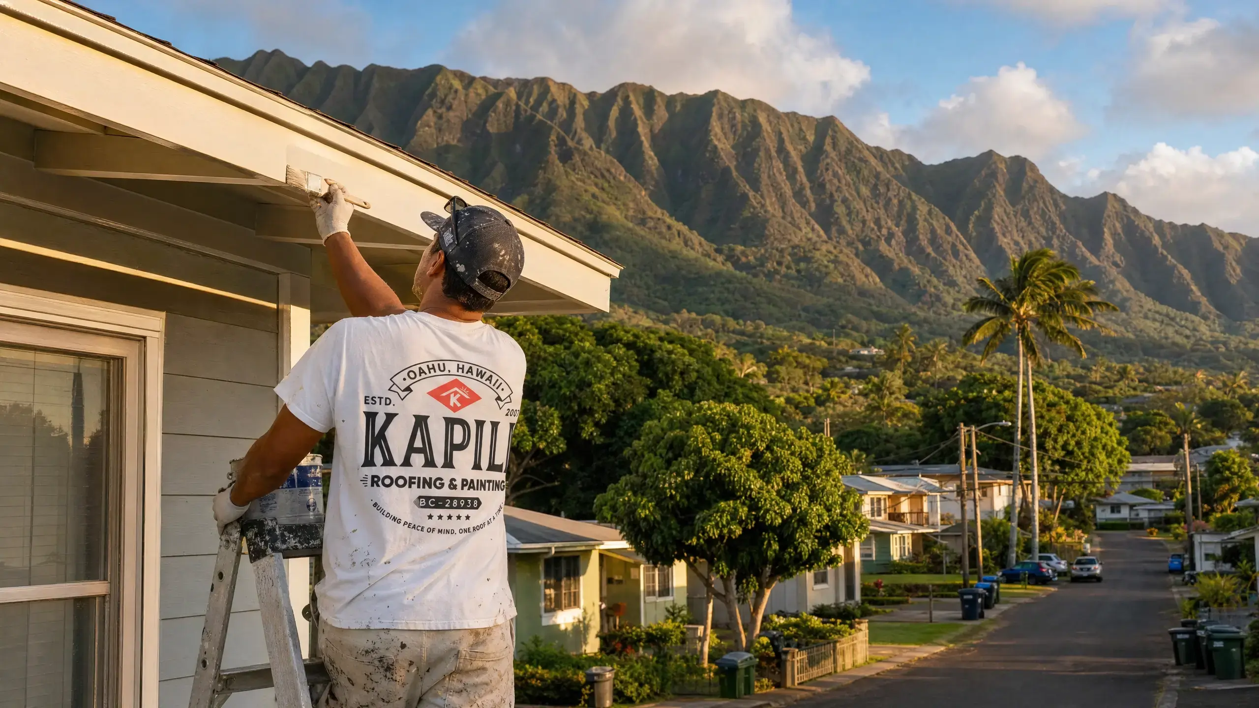 Kapili Painting crew member painting the exterior trim of a residential home in Wahiawa, Oahu