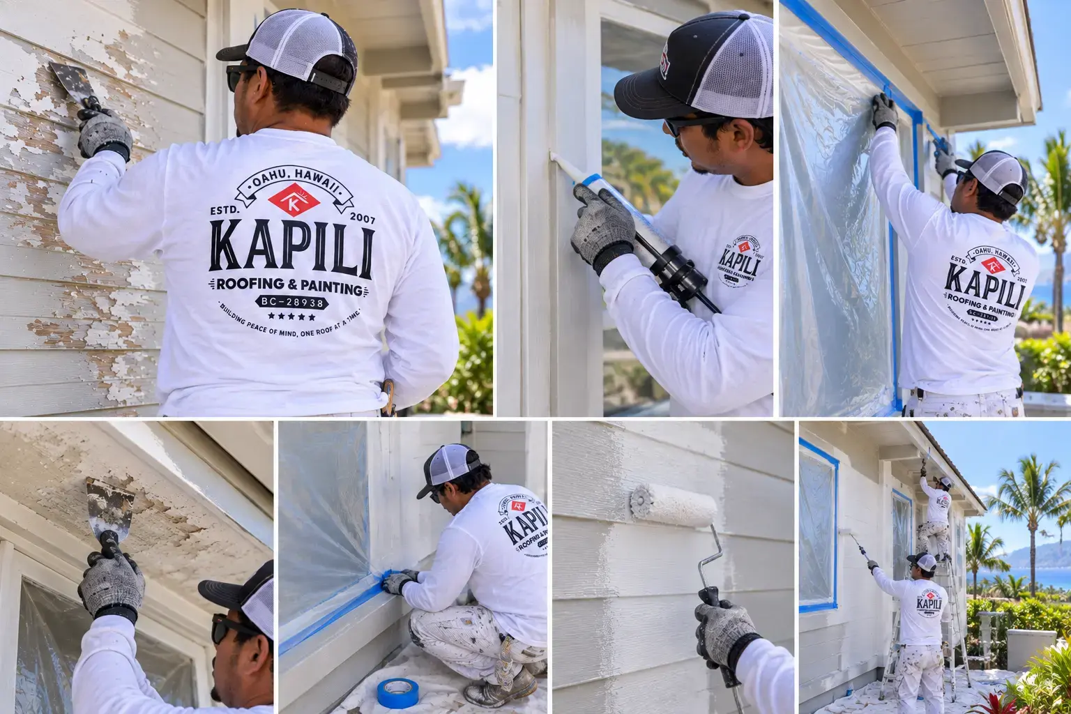 Kapili Painting crew scraping, caulking, masking, and priming a home exterior in Hawaii.