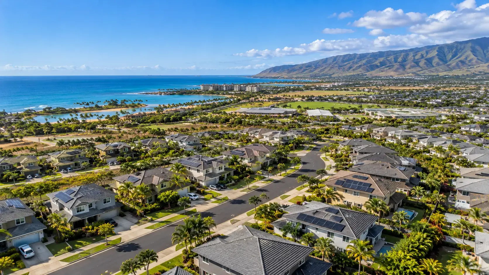 Aerial drone view of residential homes and neighborhoods in Kapolei, Oahu, Hawaii