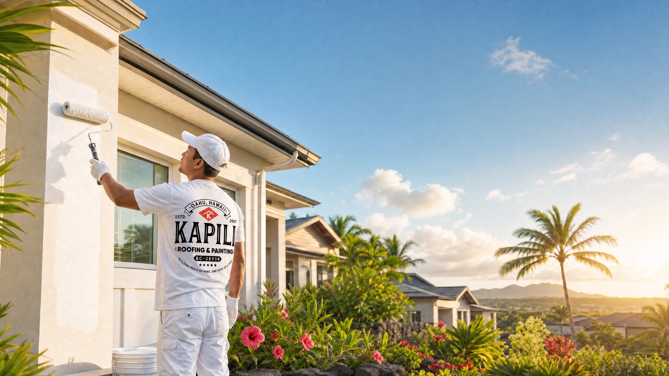 Painting contractor working on a home exterior in Oahu, Hawaii