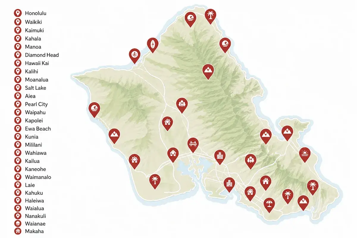 Map of Kapili Painting service areas across Oahu, from Honolulu and Waikiki to Kailua, Kaneohe, Kapolei, Mililani, the North Shore, and the Waianae Coast