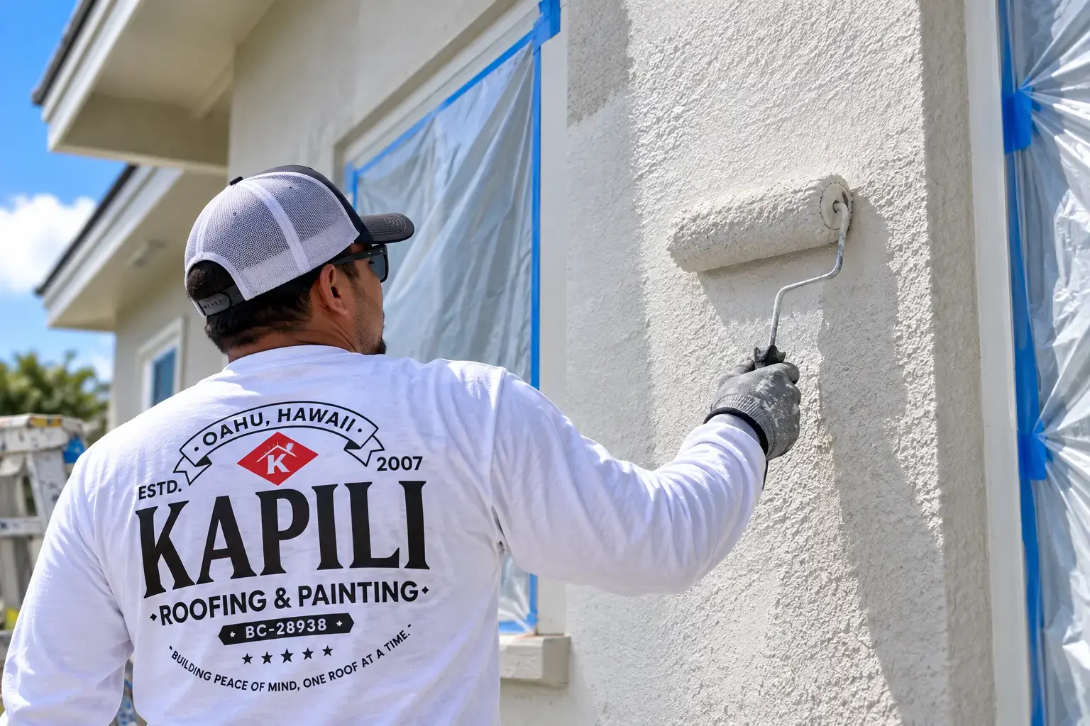 Kapili Painting crew member applying paint to a prepared stucco exterior in Hawaii.